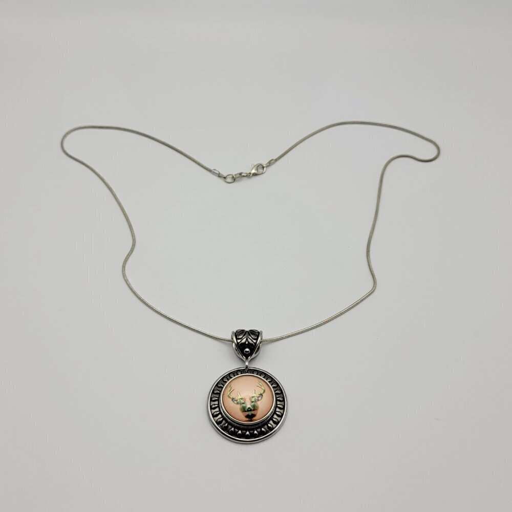 925 Silver Chain Glass Dome Deer Pendant Necklace 20 Inch Buck Stag Silver Tone - Picture 3 of 9